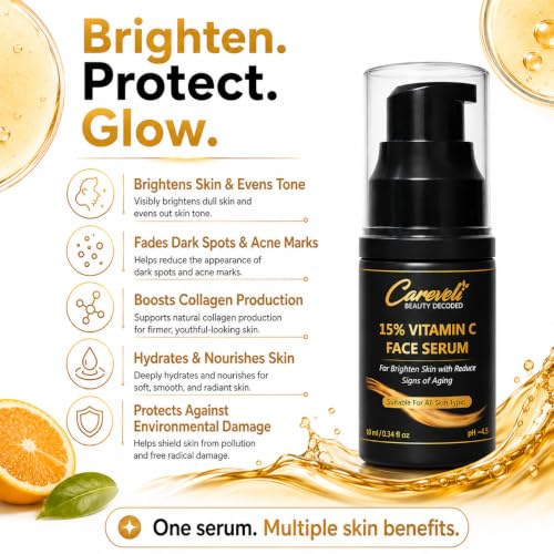 Image of 15% Vitamin C Face Serum with 5% Niacinamide, 1% Hyaluronic Acid, 0.5% Ferulic Acid & 0.1% Vitamin E | Face Serum for Glowing Skin, Dark Spots Appearance, Uneven Skin Tone & Hydration | Lightweight & Non-Sticky (10 ml)