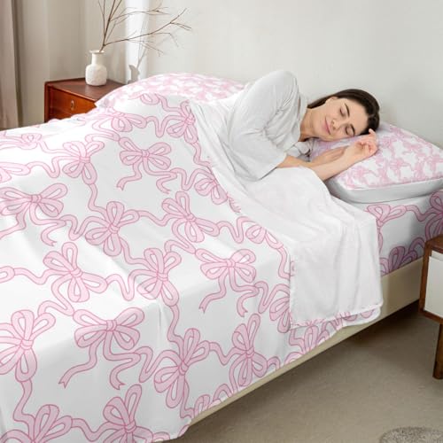 Image of Castle Fairy Pink Bowknot Fitted Sheet Set Full Size 4 Pcs,Coquette Bowtie Teens Sheets,Kawaii Watercolor Ribbon Bow Bedding Sets (1 Fitted,1 Flat,2 Pillowcases)