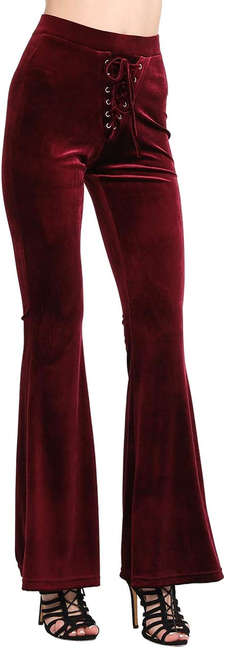 NORMOV Lace Up Velvet Bell Bottoms-High Waisted Flared Pants for Women Solid Color Flares Wine