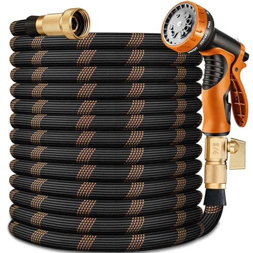 Flexible Garden Hose 100 FT Ultra Lightweight Water Hoses w/10 Function Sprayer and 3/4 Brass Fittings Kink-Free Sturdy Abrasion Resistant for Yard Lawn Outdoor and Gardening(Black Orange)