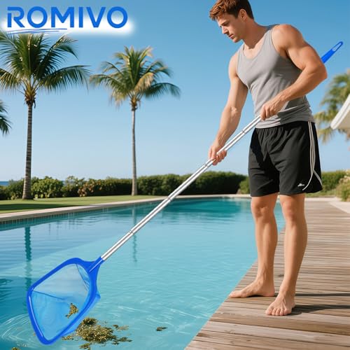 Image of Pool Skimmer Net with Telescopic Pole - Fine Mesh for Leaves, Dust, Debris - Lightweight Safe-Edge Extendable 2.6-5.7 ft Aluminum Handle for Pools, Spas, Hot Tubs, Ponds & Garden Water