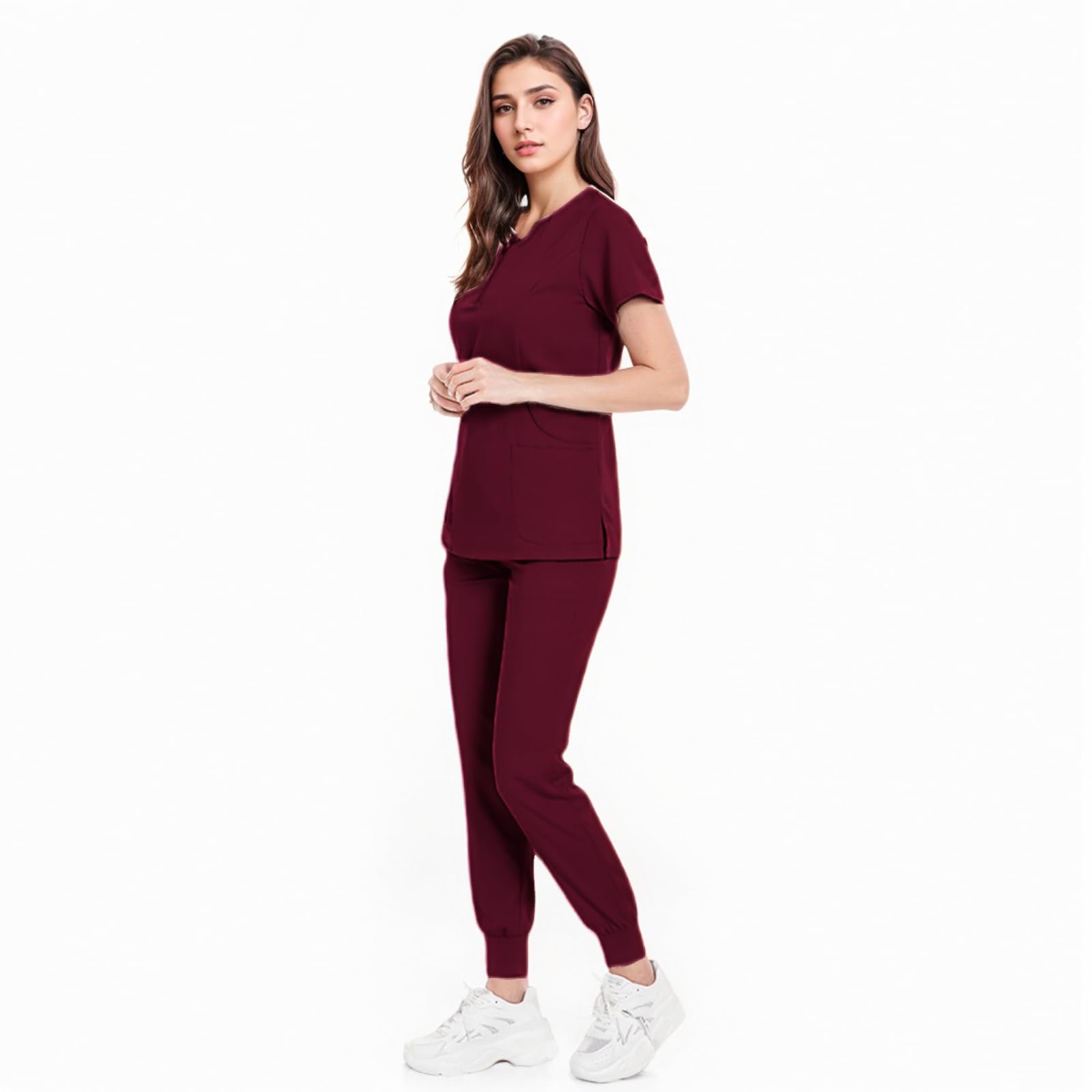 Conjunto de uniformes médicos de enfermera con cuello redondo y 4 bolsillos, pantalón ajustado y elástico DK07