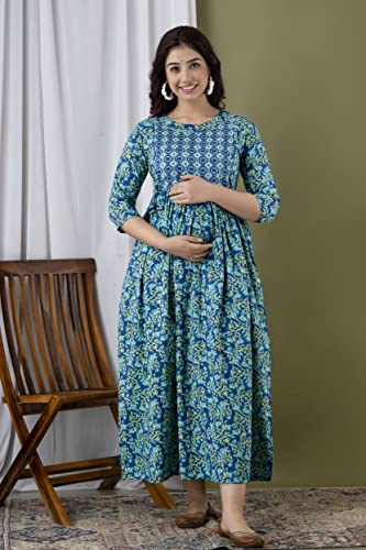 Image of JAIPURFAME Maternity Feeding Kurti with Zipper | Cotton Floral Printed Pregnancy & Nursing Dress | Comfortable & Stylish Maternity Wear for Women | Breastfeeding Kurta with Zipper | Soft & Elegant
