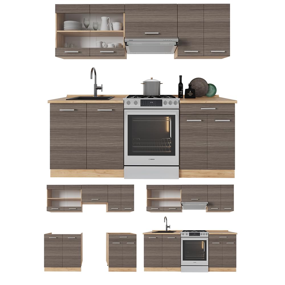 Vicco Küchenzeile R-Line, Edelgrau/Goldkraft Eiche, 200 cm, AP Eiche, geeignet zur individuellen Erweiterung durch Zusatzmodule
