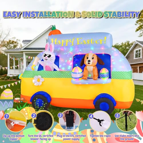 GIFTFIND 7.3FT Long Easter Inflatables Outdoor Decorations - Bunny and Dog Riding Bus, Build-in LED Lights Holiday Blow Up Yard Decoration, for Patio Garden Lawn Party Celebration Decor — view 6