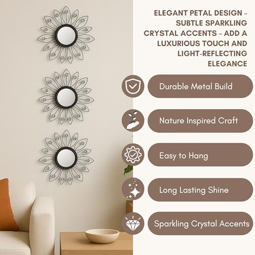 Image of Metal Sunflower Mirror Wall Decor with Crystal Decorative Mirror Wall Mounted | Mirror Wall Decor for Living Room | Beautiful Modern Designer | Hanging Mirror Sculpture Set of 3 (Crystal Black)