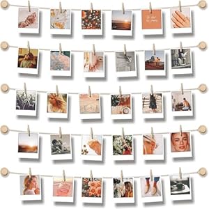 Hanging Photo Display Room Wall Decor – Sculptural Picture Frames Collage – 5 Strings with 30 Clips – 3M Self Adhesive Hooks – No Holes Drilling – 30 x 30 inch