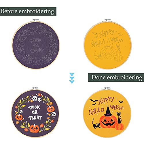 Image of Santune 4-Pack Halloween Embroidery Kit Cross Stitch Kits for Beginners DIY Needlepoint Kit with 4 Embroidery Clothes Featuring Pumpkin Patterns,2 Hoops,Color Threads,Needles