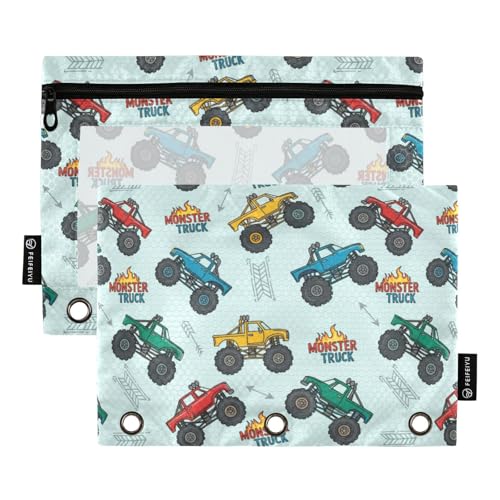 Cartoon Monster Trucks Blue 3 Ring Binder Pockets 2 Pack, Clear Window Zipper Pouch for 3 Ring Binder, Pencil Pouch for School Supplies, College Binder Accessories for Boys Girls