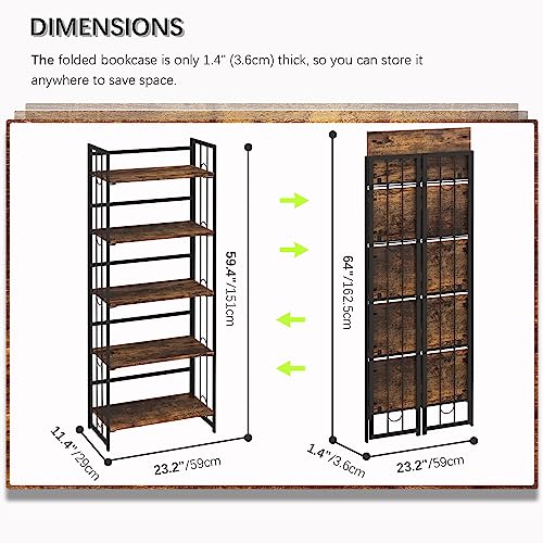 4Nm No-Assembly 5 Tiers Folding Bookshelf Storage Shelves Vintage Bookcase Standing Racks Study Organizer Home Office - Rustic Brown And Black #TOP2