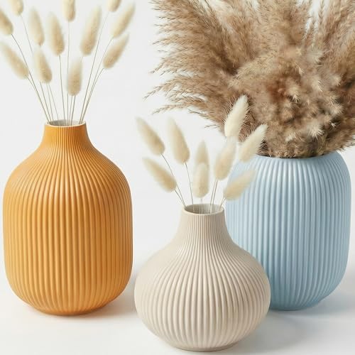Set of 3 Vibrant Ceramic Vases in Light Blue, Mustard