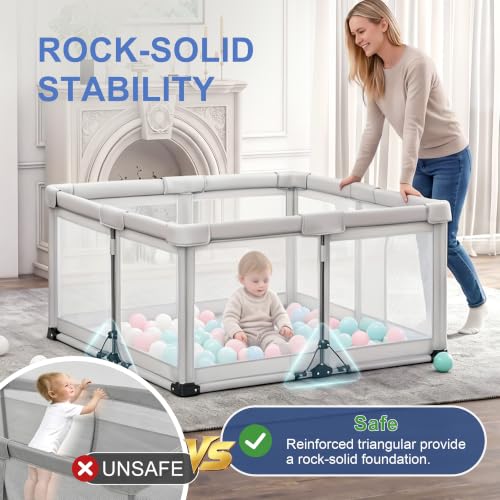 Image of Foldable Baby Playpen, 50 inchx50 inch Portable Play Yard for Babies and Toddlers, Breathable Mesh Gate Fence, Indoor Outdoor Playpen with 50 Ocean Balls & 2 Pull-Up Rings, 1-Minute Easy Setup