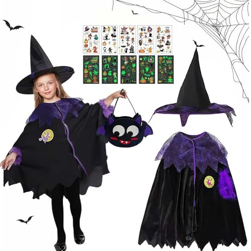 Halloween Umhang Kinder, Halloween Kostüm Kinder Mädchen, mit Hexenhut und Fledermaustasche, Lila-Schwarz Hexenkostüm Mädchen, für 3-12 Jahre, für Karneval Cosplay Party