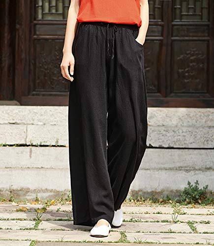 Womens White Cotton Drawstring Comfy Lounge Pants Black Gauze Casual Wide Leg Straight Leg Linen Pants for Women2