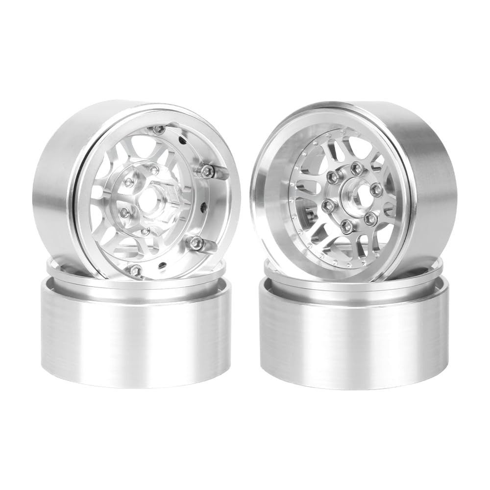 KINGCOO 4Stück 1.9 Zoll Beadlock Räder Felge Offset-10mm Aluminium Metall Radnabe Rad für 1/10 RC Rock Crawler Auto für Axial SCX10 TRX4 Gen8 TRX6 D90 Upgrade Ersatzteile(Silber)