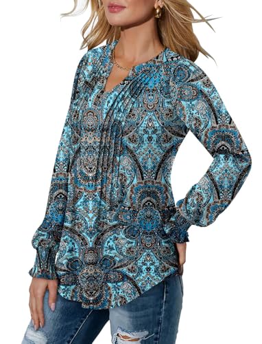 BETTE BOUTIK Long Sleeve Shirts for Women Fall Tops Dressy Blouses Pleated V Neck Tunic Tops for Leggings S-3XL