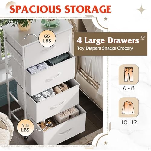 Image of WLIVE Dresser with 4 Drawers, Storage Tower, Organizer Unit, Fabric Dresser for Bedroom, Hallway, Entryway, Closets, Sturdy Steel Frame, Wood Top, Easy Pull Handle, White