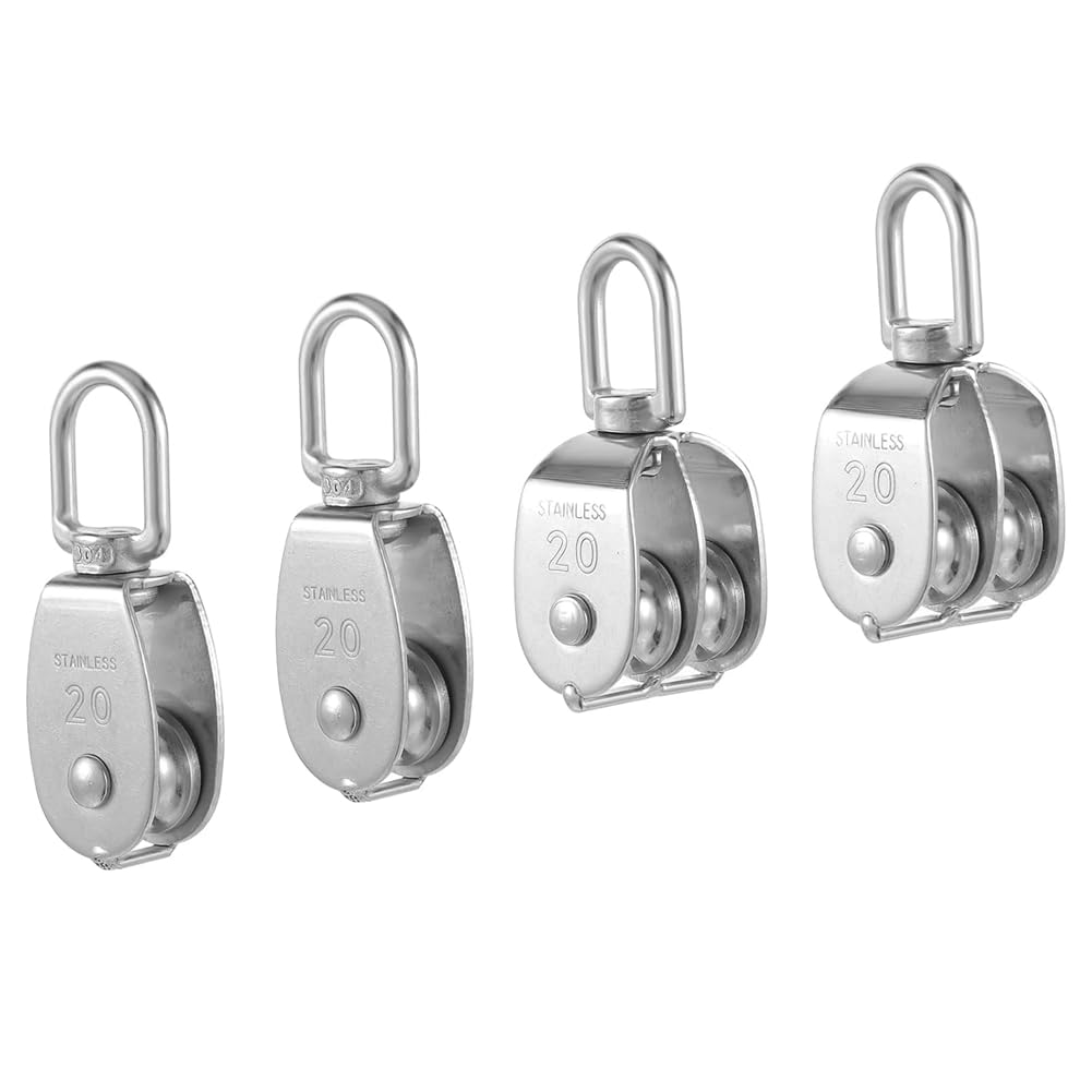 IJSDNVJNDX 4 Pack M20 Lifting Single Pulley Block 304 Stainless Steel Crane Swivel Hook Double Pulley Roller Loading