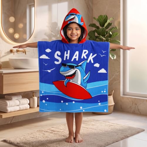 Image of Kids Poncho Towel 300GSM 120x60 CM, Shark Surf, Ocean Blue