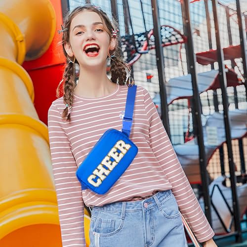 Image of PainZieteg Cheer Fanny Pack for Girls, Chenille Letter Nylon Belt Bag Blue