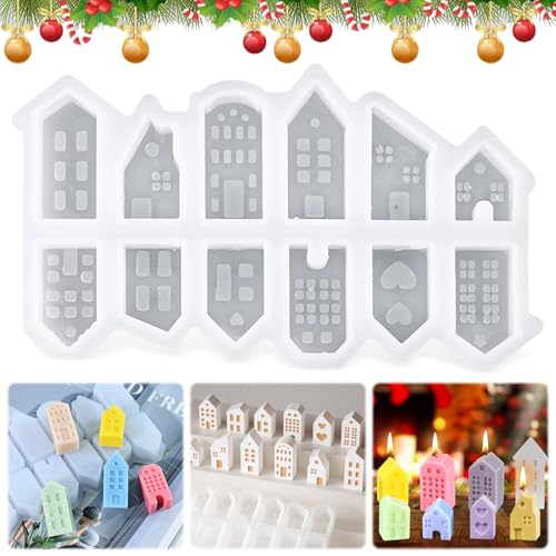 Moldes de silicona para casas, 12 unidades, mini molde de silicona para casa de yeso para fundir, molde de fundición para casa, molde de fundición de Navidad, molde de silicona para hacer velas, hecho