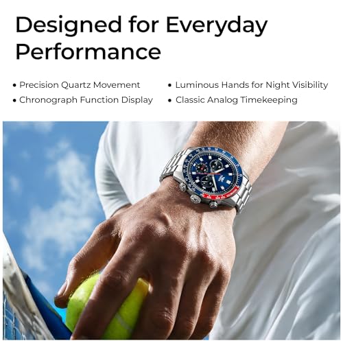 Image of Men's Chronograph Analog Watch with Blue Multi Function Dial, Tachymeter Bezel, Stainless Steel Strap & Quartz Movement