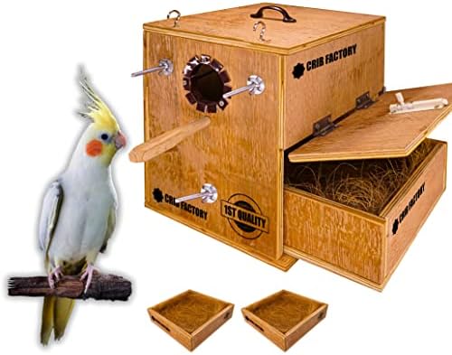 CRIBFACTORY Cockatiel Breeding Box | Wooden Nesting Box for Birds | Durable Plywood | 10X10X12 INCH | Easy-Clean Removable Tray | Safe Non-Toxic | Easy to Mount | Aviary Nesting Box | with 2 Tray