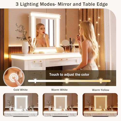 Image of 48 inch Vanity Desk with Mirror, Classic Makeup Vanity with 7 Drawers and Cushioned Stool, Hollow Design Drawer, Rubber Wood Legs, Dressing Table with Bamboo Weave Design, Easy Assembly (Light Beige,08)