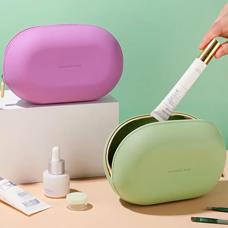 Image of Silicone Makeup Bag, Makeup Brush, Lipstick, and Cosmetic Item Carry Pouch, Travel Portable Makeup Brush Bag, Waterproof Travel Toiletry Bag with Zipper Closer, Silicone Travel Pouch (Green)