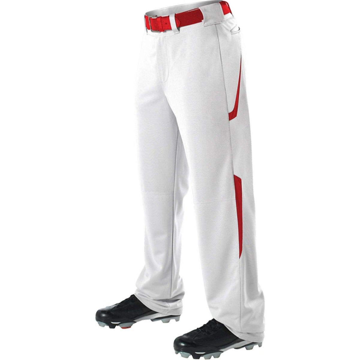 Alleson Youth Relaxed Fit - 2 Color Open Bottom Baseball Pants - White/Scarlet - X-Large