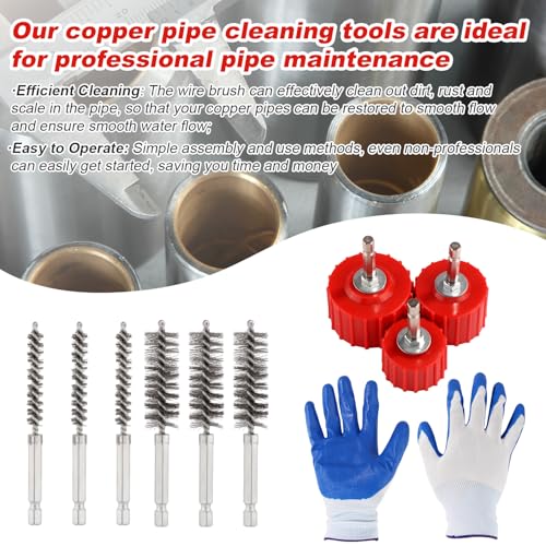 Image of 10pcs Copper Pipe Cleaner Set for Power Drill, Include 1 /2 inch 3 /4 inch 1 inch Tube Brush and 6pcs Wire Bore Brush Metal Pipe Cleaner Kit with Gloves for Drill Bit Cleaning Copper Tool Pipes Tubes and Fittings