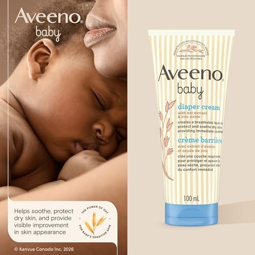Aveeno Baby Diaper Cream – Oat Extract, Almond Oil, Zinc Oxide – Sensitive Dry Skin – 100ml, Fragrance Free