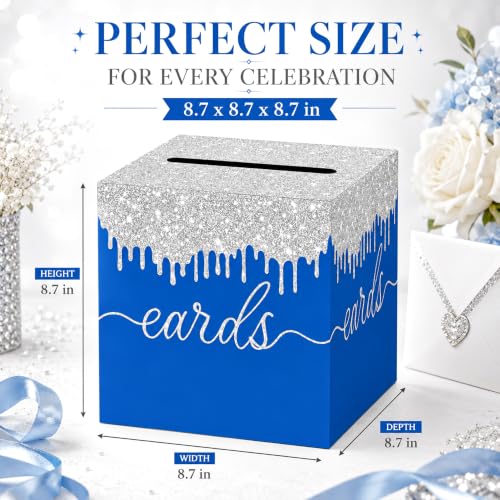 Image of Blue Silver Card Box with Slot for Graduation, Wedding and Birthday Party