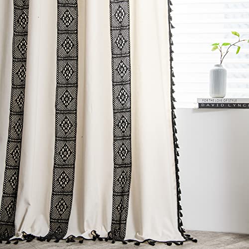 Deeprove Black And White Boho Curtains For Bedroom, Patchwork Sheer Lace Crochet Textured Splice With Cream Cotton Linen Fabric, Chic Bohemian Window Curtain Tassels, Rod Pocket, 1 Panel, 59"W X 63"L #TOP1