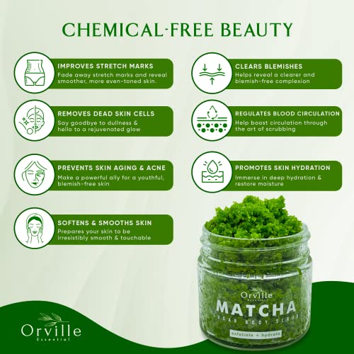 Matcha Green Tea Scrub W/ Real Ground Matcha, 200G Natural Exfoliating Body Scrub For Preppy Skin Care, Body Exfoliator Scrub For Shower W/ Wooden Spoon, Body Skin Care Products - Orville Essential #TOP3