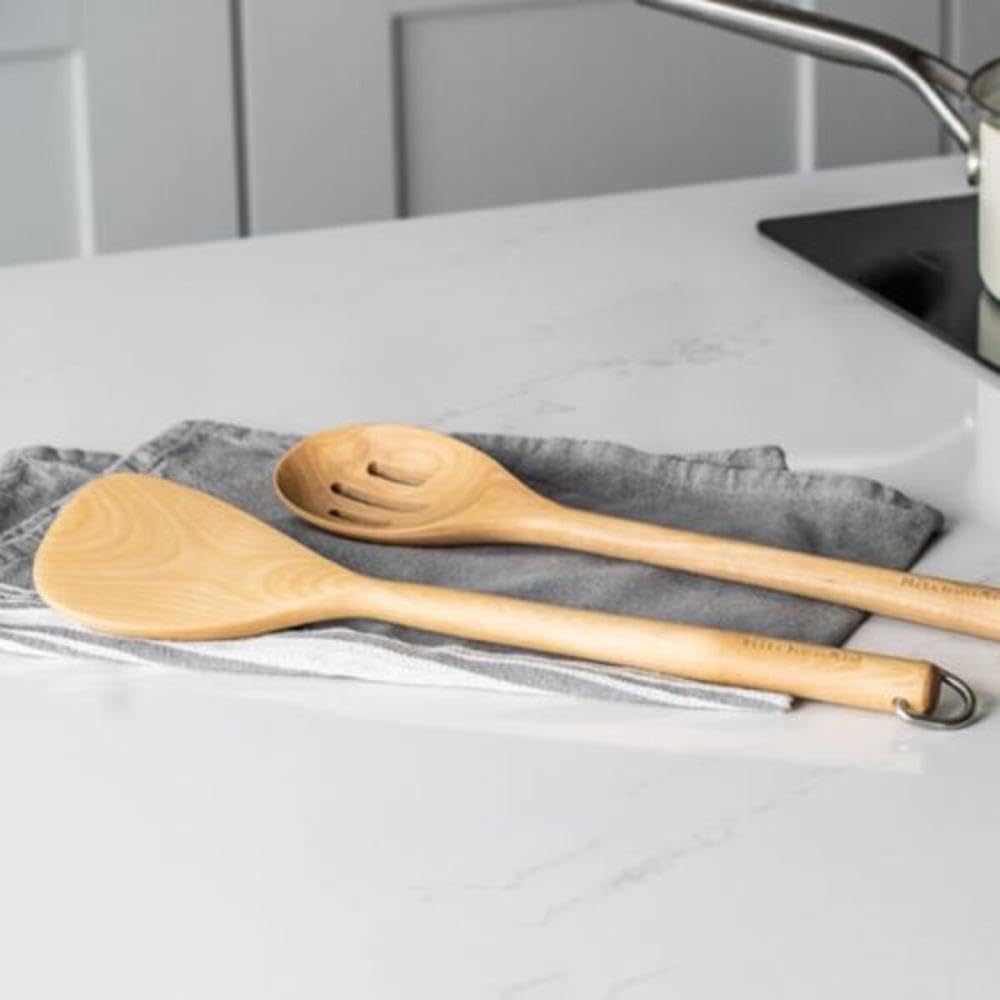 KitchenAid Cucchiaio Scanalato In Legno Di Betulla – 32,5 Cm – Con Gancio In Acciaio – Lavabile In Lavastoviglie