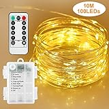 🌲【 Bajo consumo 】🌲 Diseño de gotas, cadena de luces alimentado por batería 3 X AA (sin batería), 100 LED cadena de luces de 10m cables, estas luces LED de cable plateado tienen un calor muy bajo, la luz de la cuerda tiene un alto brillo, baja radiación y no produce contaminación.