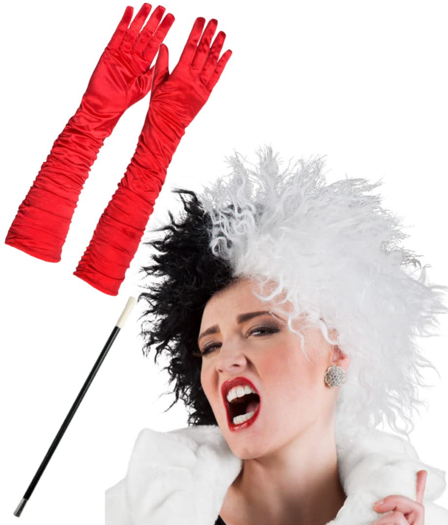 Dalmatian Lady Cruella De Ville Costume 3 Piece Set - Black & White Wig, Long Red Gloves and Cigarette Holder - Women's Halloween Fancy Dress Costume
