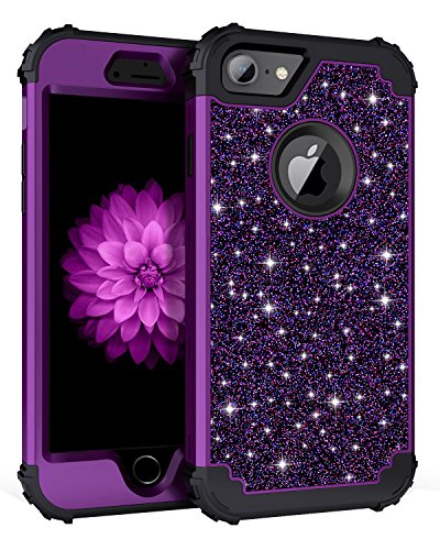 Casetego Compatible with iPhone 8 Case,iPhone 7 Case,Glitter Sparkle Bling Three Layer Heavy Duty Hybrid Sturdy Shockproof Protective Cover Case for Apple iPhone 8/7,Shiny Purple