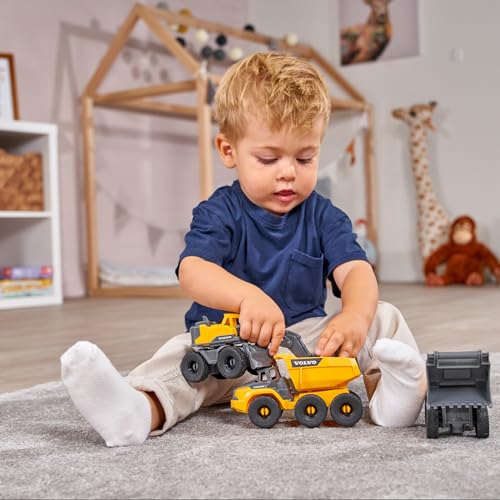 Dickie Toys Volvo Construction Set (je 16 cm) - 3 Baustellenfahrzeuge für Kinder mit Bagger Spielzeug, Radlader & Kipplaster, mit Freilauf ab 3 Jahren - 203722015