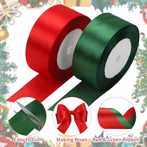 Image of woric Christmas Ribbon 1 1 /2 Inch 2 Rolls 60 Yards Green Red Polyester Satin Ribbon Holiday Ribbons for Gift Wrapping Crafts Wreath Christmas