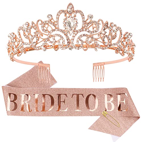 CIEHER Bachelorette Party Favors - Bride To Be Sash & Bride Crown Set Bridal Sashes Crystal Crowns for Women Bridal Shower Decorations(Rose Gold)