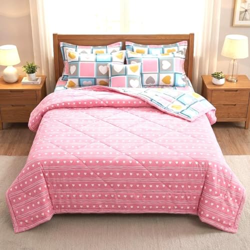 Image of Dohar Single | Double Bed 100% Cotton Blankets for Summer 90x100inch, 150GSM Ac Comforter and Cooling for Summer Classic Printed Design Quilt Ideal for Gifting (Heart, Single)