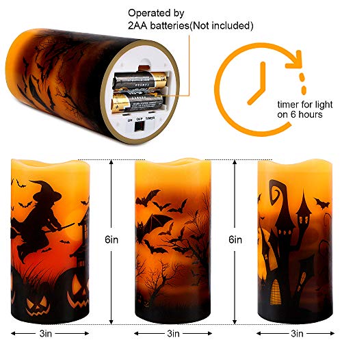 Halloween Flickering Flameless Candles - Battery Operated LED Real Wax Candles with 6 Hours Timer - Bats, Castle, Witch LED Flickering Candles for Halloween Christmas Wedding Party Decor, Pack of 3