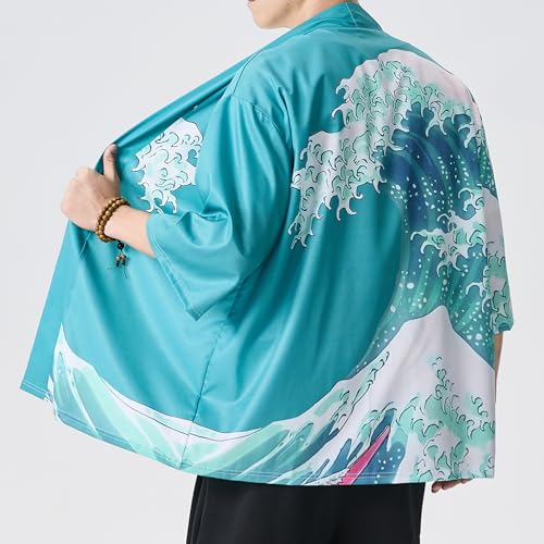 Image of Men's Japanese Kimono Robe Jacket Lightweight 3 /4 Sleeve Open Front Yukata | Silky Smooth Fashion Print Happi Coat Lightweight Breathable Loose Unisex Haori Casual Summer Cardigan Daily Beach Vacation