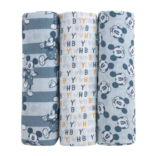 Image of Disney Mickey Mouse Gray, Charcoal, and White 3 Piece Muslin Swaddle Baby Blanket Set
