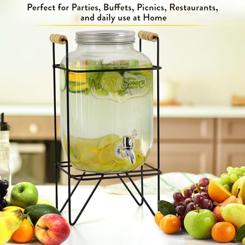 Image of 1 Pc 5 LTR Glass Water Beverage Dispenser with Stand - Air Tight Lid Glass Pitcher for Detox Water - Mason Jar - Counter Table Top Juice Water Beer Dispenser for Home Restaurant Party