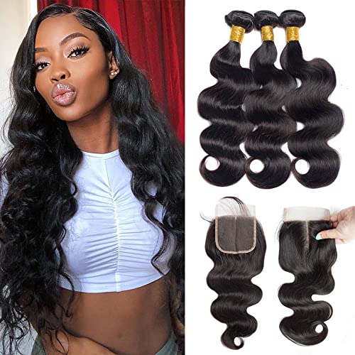 Brazilian Body Wave Human Hair 3 Bundles with Closure (20 22 24+18 Free Part) 100% Unprocessed Human Hair Bundles with 4×4 Free Part Lace Closure Natural Black Color