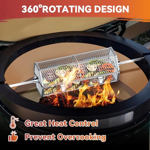 Skyflame Round Tumble Rotating Rotisserie Basket, Stainless Steel BBQ Rolling Basket for Grilling,Fits for 5/16 Inch Square, 3/8 Inch Square, 3/8 Inch Hexagon, 1/2 Inch Hexagon Spit Rods
