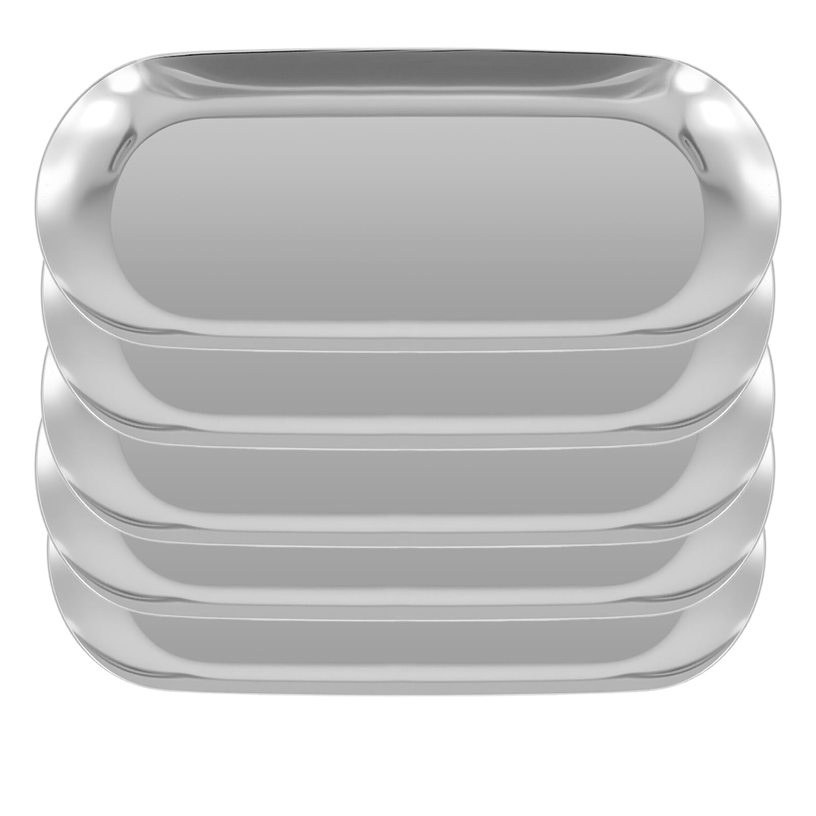 YUENPUN 5 PCS Stainless Steel Oval Silver Trays, 23 x 9cm Metal Mirror Trays, Jewellery Cosmetic Vanity Tray for Makeup, Small Item Storage Organising, Bathroom